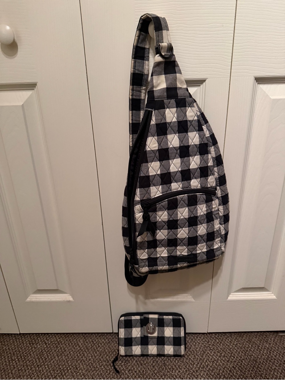 Vera Bradley Black and White Check Quilted Sling Bag with Matching Wallet